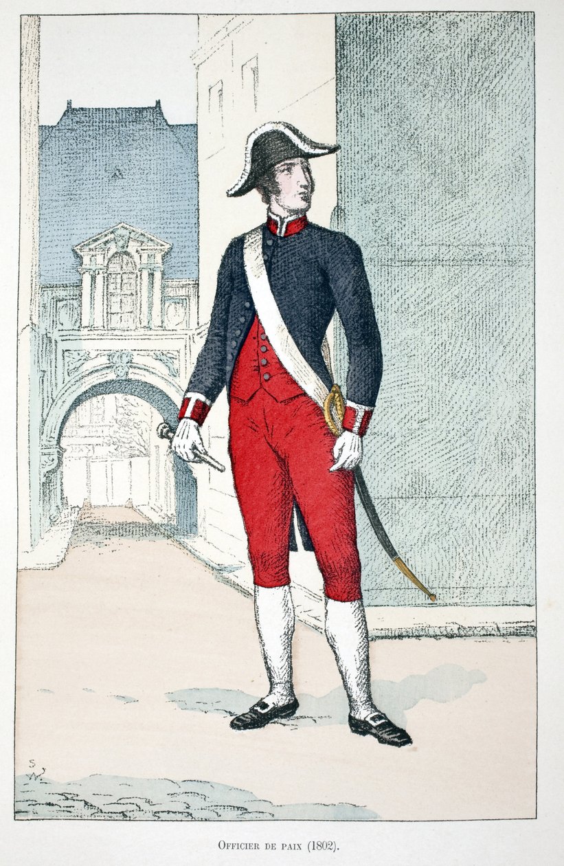 ضابط السلام (1802). النقش بالألوان ، للتوضيح ، كتاب "" Histoire du corps des gardiens de la paix "" "" المنشور تحت رعاية لويس ليبين (1846-1933) حاكم شرطة نهر السين ، ألفريد ري (1864-؟) ولويس فيرون (1862-؟) ، بواسطة فنان غير معروف