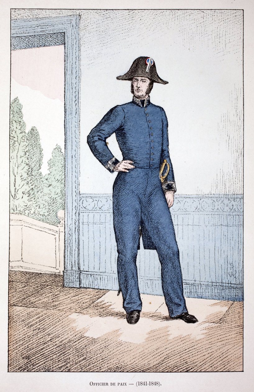 ضابط السلام (1841-1848). النقش بالألوان ، للتوضيح ، كتاب "Histoire du corps des gardiens de la paix" "" الذي نُشر تحت رعاية حاكم شرطة نهر السين لويس ليبين (1846-1933) ، بقلم ألفريد ري (1864-؟) ولويس فيرون (1862- بواسطة فنان غير معروف