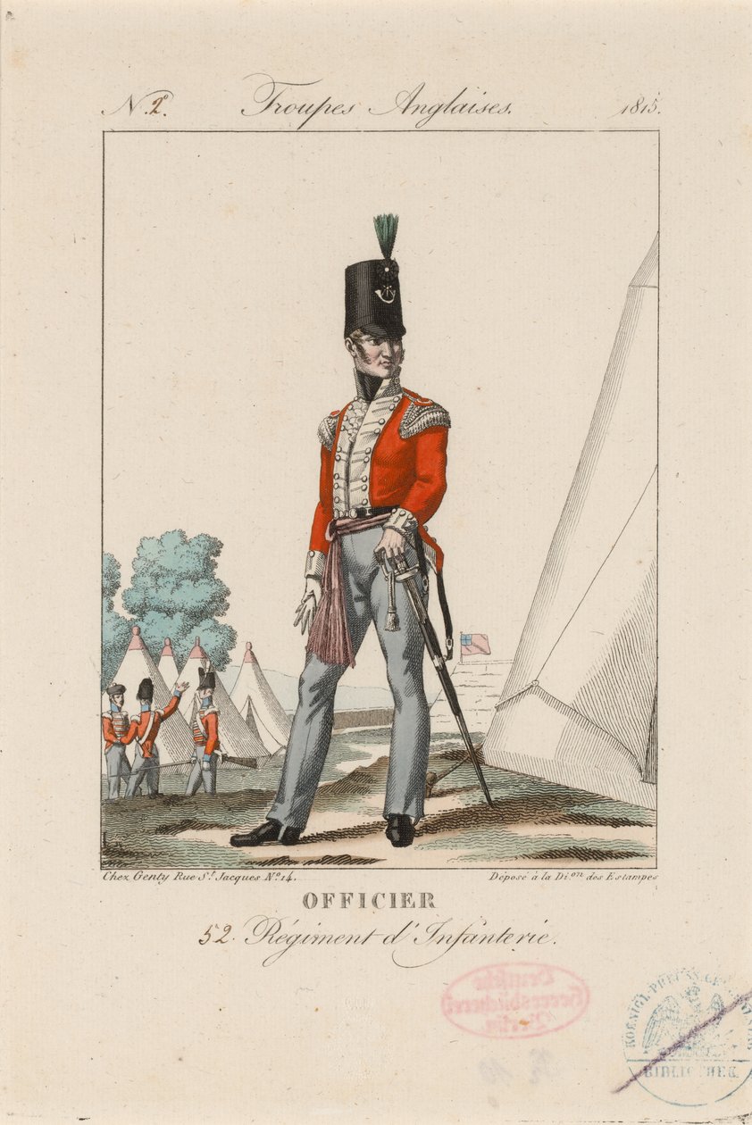 الضابط 52 Regiment d'Infanterie '، حوالي 1815 (نقش ملون) بواسطة فنان غير معروف