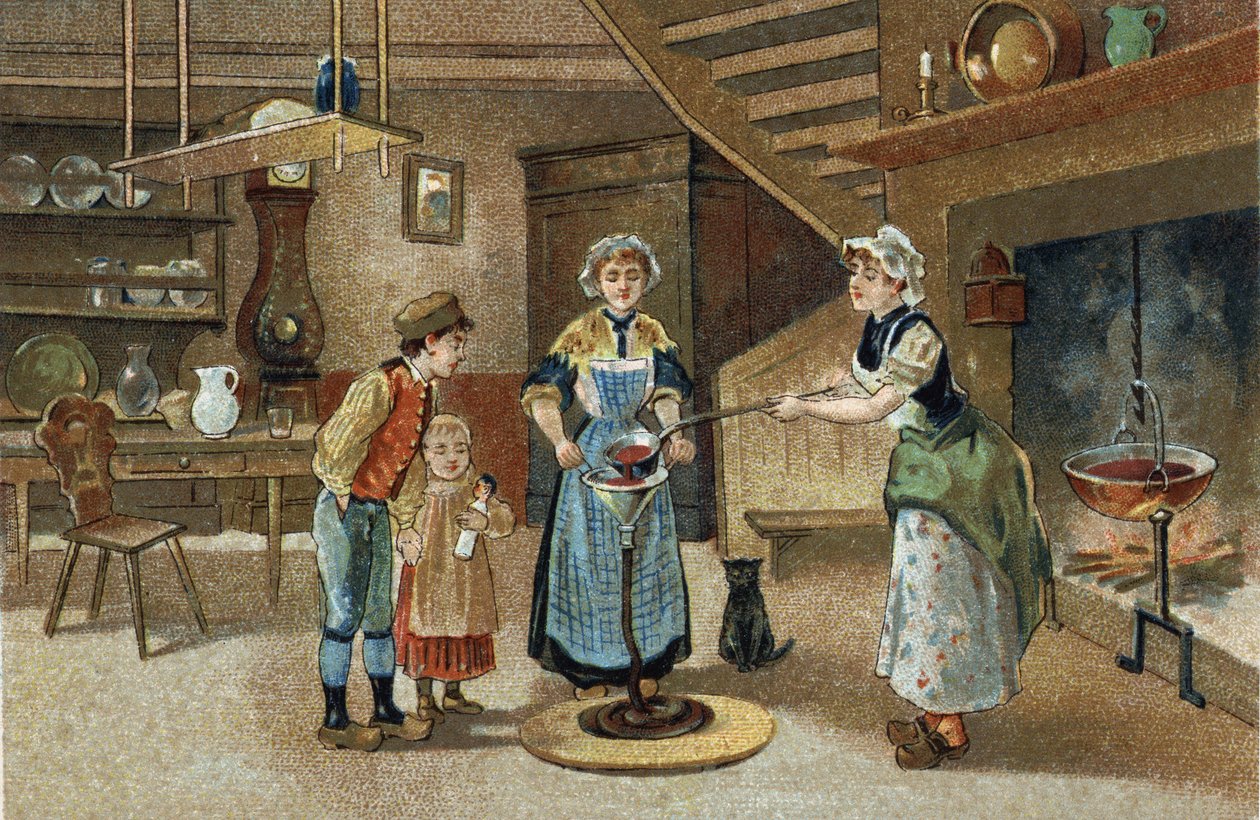 العادات القديمة التي يتم الاحتفال بها في منطقة دوفين: La boudinée. الطباعة الحجرية الملونة في أواخر القرن التاسع عشر. بواسطة فنان غير معروف