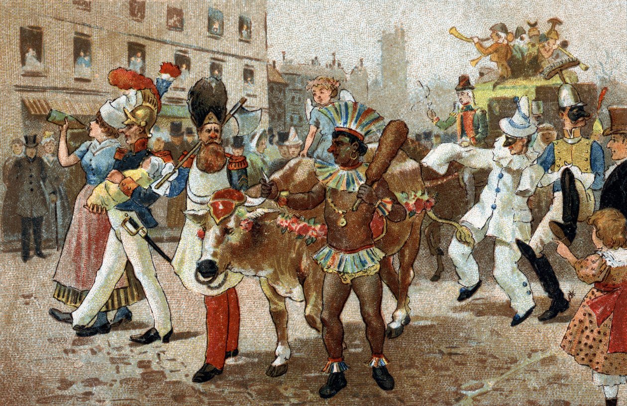 تم الاحتفال بالعادات القديمة في منطقة إيل دو فرانس: موكب لحوم البقر في عام 1830. الطباعة الحجرية الملونة في أواخر القرن التاسع عشر. بواسطة فنان غير معروف