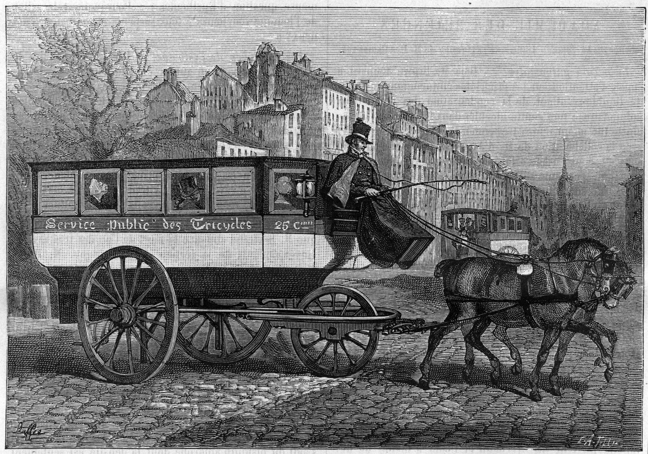 Omnibus به ثلاث عجلات أو دراجة ثلاثية العجلات في شوارع باريس. النقش في "" الطبيعة. مجلة العلوم وتطبيقاتها في الفنون والصناعة " بواسطة فنان غير معروف