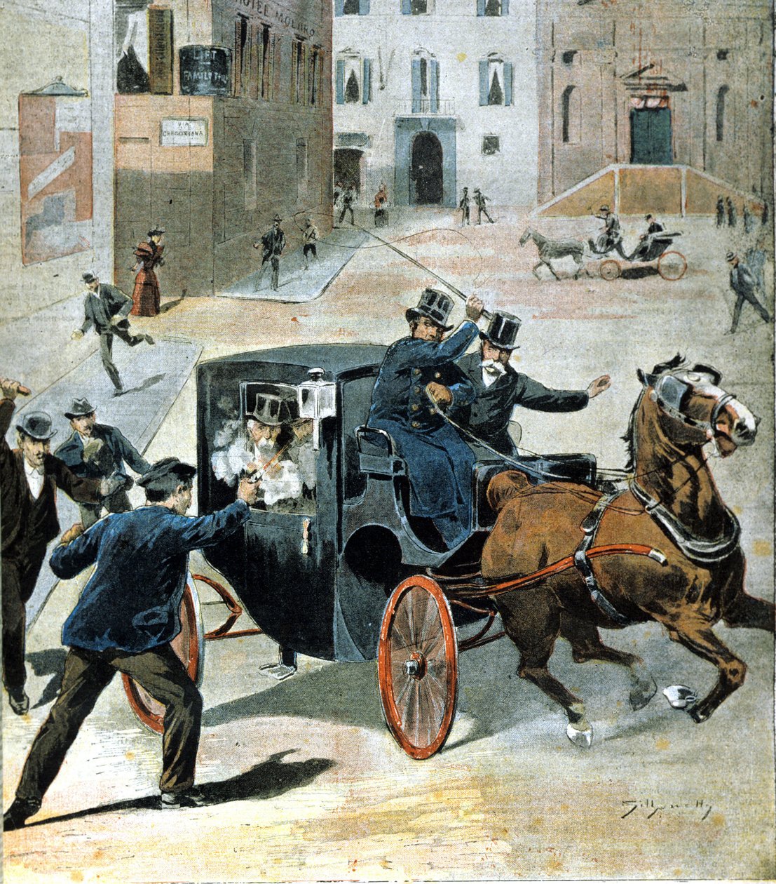 في 16 يونيو 1894 ، أطلق الأناركي باولو ليجا في روما مسدسًا على فرانشيسكو كريسبي ، رئيس المجلس الإيطالي. رسم توضيحي لهذه الفترة. بواسطة فنان غير معروف