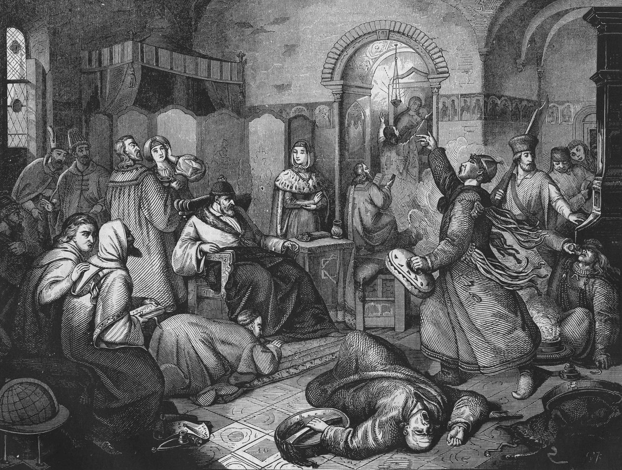 في اليوم الأخير لإيفان الرابع الرهيب (1530-1584) ، القيصر والأمير العظيم لروسيا ، بجانبه ابنته الجميلة. نقش 1860. بواسطة فنان غير معروف