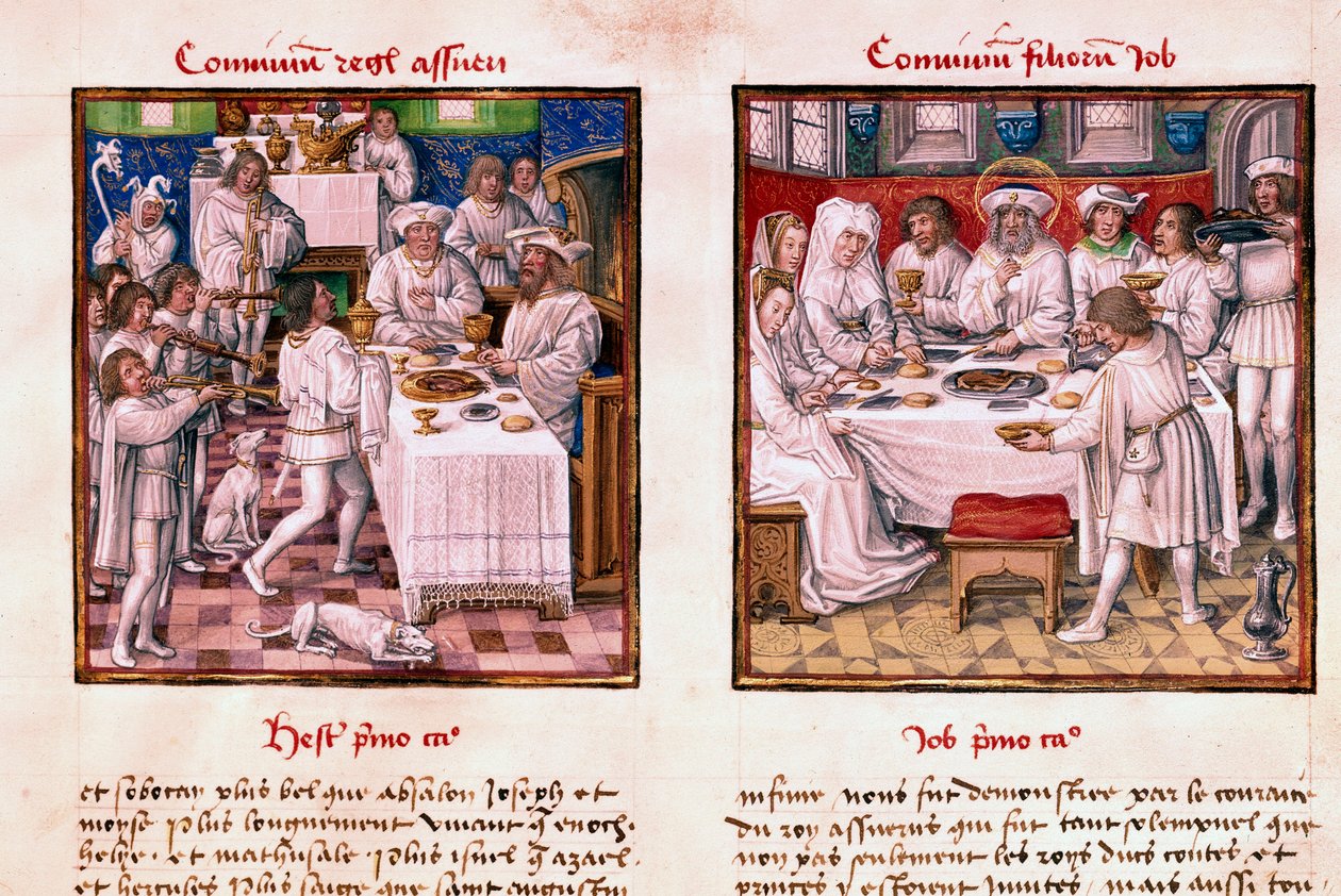 على اليسار عيد أسويرس الأول (زركسيس الأول). على اليمين عيد بني أيوب. مصغرة من مخطوطة "Le Miroir de l