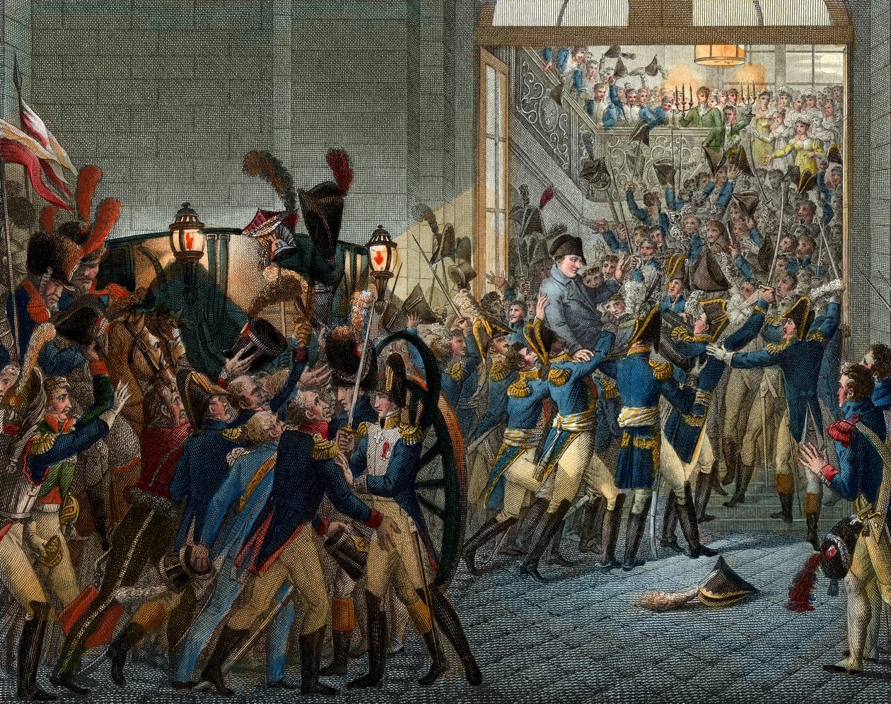 مائة يوم: "" عاد نابليون بونابرت (1769-1821) من منفاه في جزيرة إلبا - دخول منتصر في 20 مارس 1815 في قصر التويلري - نقش القرن التاسع عشر بواسطة فنان غير معروف