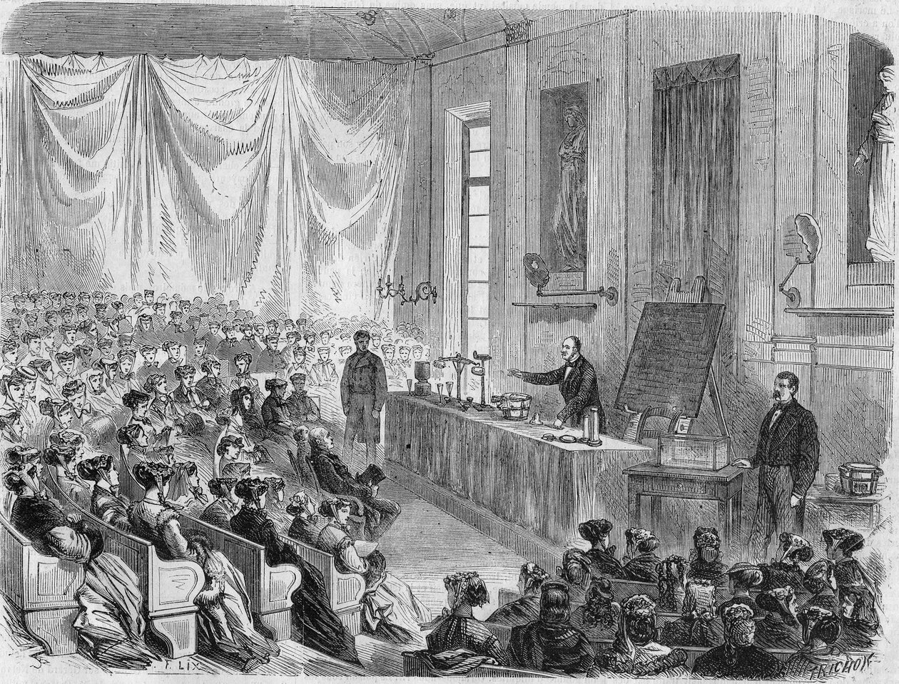 افتتاح دورات للفتيات في جامعة السوربون عام 1867. نقش من رسم السيد ليكس بواسطة فنان غير معروف