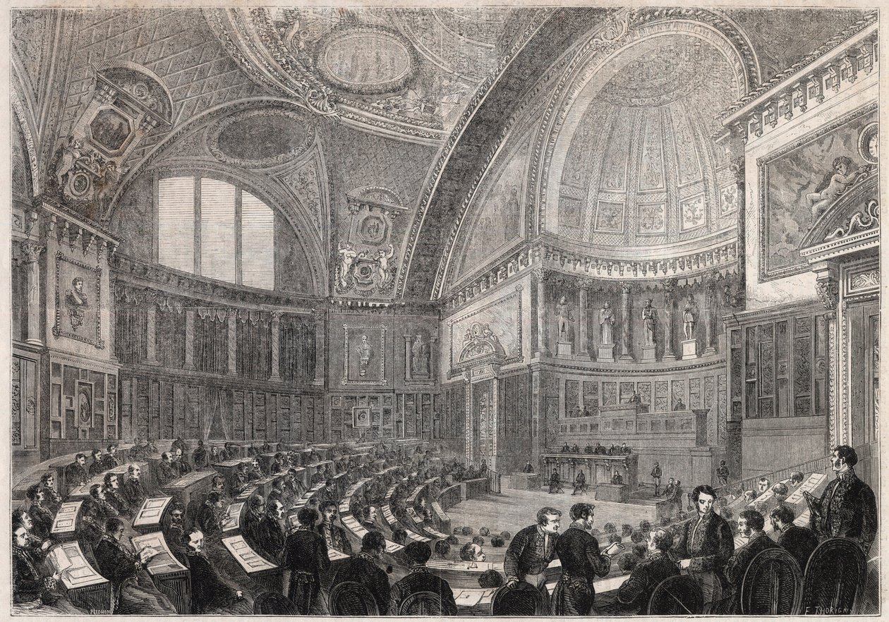 افتتاح جلسة مجلس الشيوخ وقبول الجنرال تشارلز كوزين مونتوبان (1796-1878) ، Viscount de la Gueronniere et de Forcade ، 2 ديسمبر بواسطة فنان غير معروف