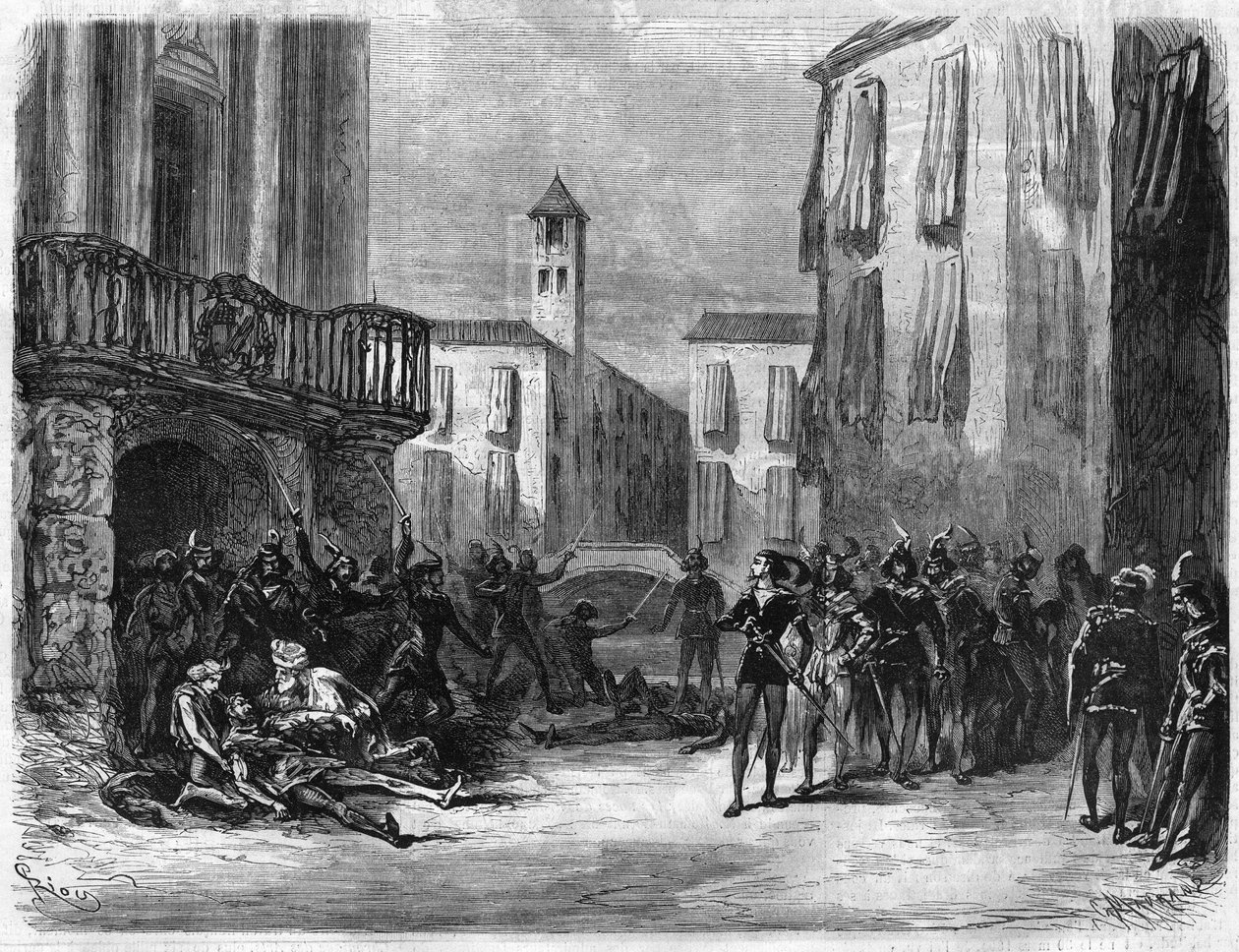 أوبرا "روميو وجولييت" لجول باربييه (1825-1901) وميشيل كاري (1821-1872). موسيقى تشارلز جونود (1818-1893). العب في مسرح الأوبرا في باريس. نقش في "الكون المصور" بواسطة فنان غير معروف