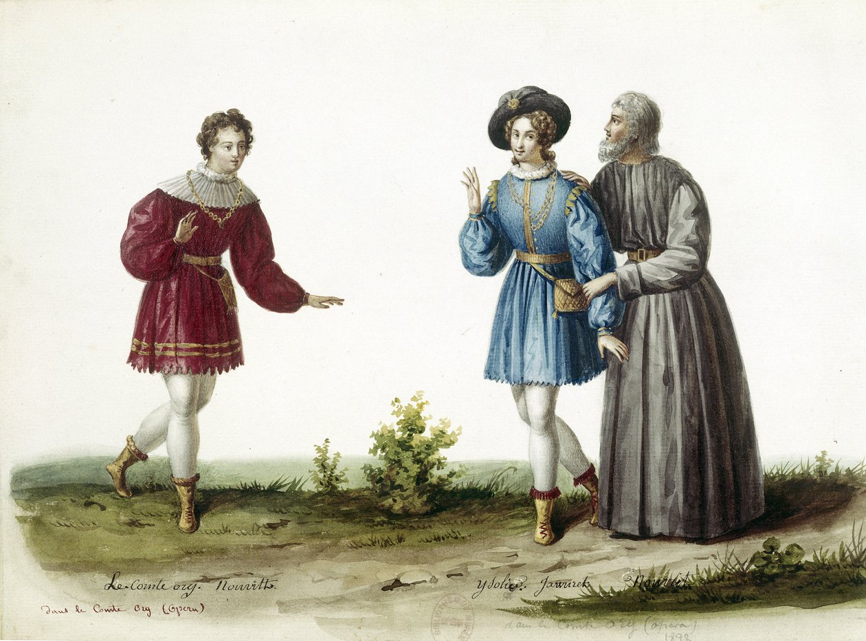 مغني الأوبرا أدولف نوريت (يسار) في دور الكونت دوري في أوبرا “The Comte d'Ory” لجيوشينو روسيني (1792-1868) ، مثل في باريس في 20/8/1828 بواسطة فنان غير معروف