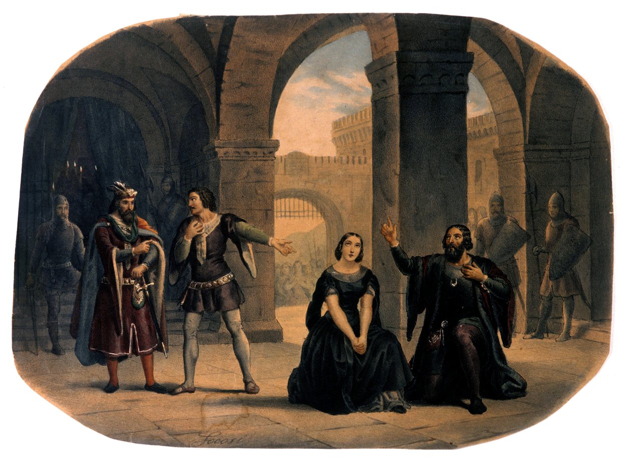 مسرح الأوبرا "I vespri siciliani" (صلاة الغروب الصقلية) من تأليف جوزيبي فيردي. الطباعة الحجرية الملونة في أواخر القرن التاسع عشر .. بواسطة فنان غير معروف