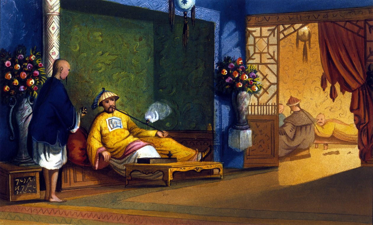 دخان الأفيون في الصين ، نقش حوالي عام 1830. بواسطة فنان غير معروف