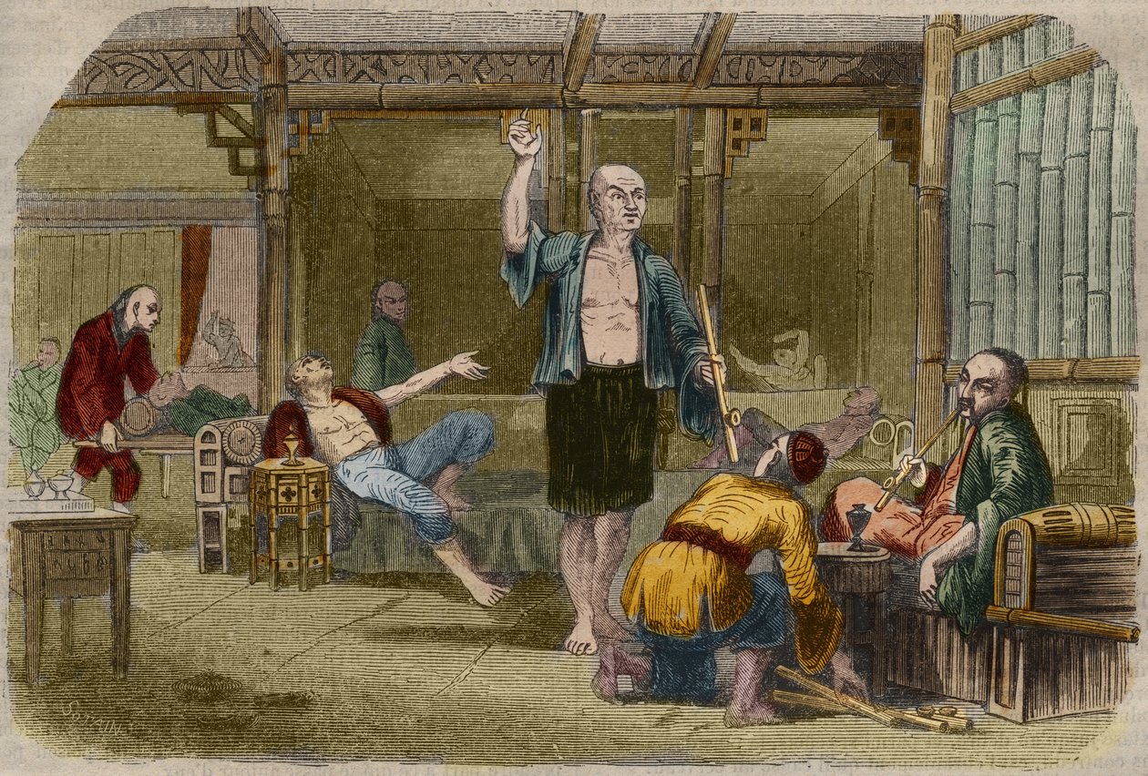 مدخنو الأفيون في الصين في منتصف القرن التاسع عشر. نقش من 1857 في "" Le Musee Des Sciences "" بواسطة فنان غير معروف