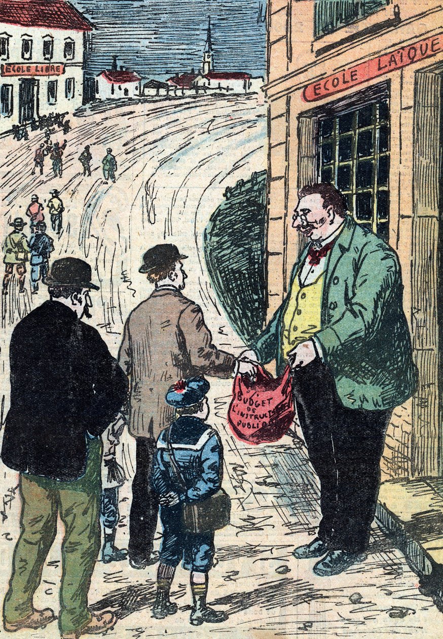 التعارض بين المدرسة العلمانية والمدرسة الخاصة في فرنسا كاريكاتير من "لو بيليران" 24/03/1912 مجموعة بريفي بواسطة فنان غير معروف