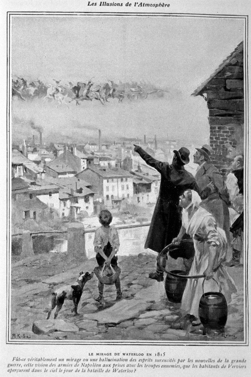 أوهام بصرية: رؤية جيوش نابليون في سماء فيرفيرز (بلجيكا) في يوم معركة واترلو عام 1815. بواسطة فنان غير معروف