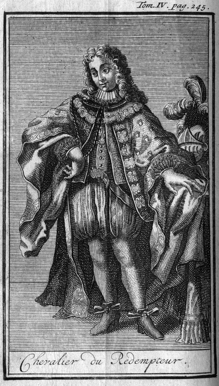 أوامر الفروسية. فارس الفادي أو دم المسيح الثمين في دوشي مانتوفا (مانتوفا) في القرن السابع عشر. في "" تاريخ الأوامر العسكرية أو الفرسان ، للميليشيات الآمنة والروتينية من كلا الجنسين ، والتي تم تأسيسها حتى بواسطة فنان غير معروف