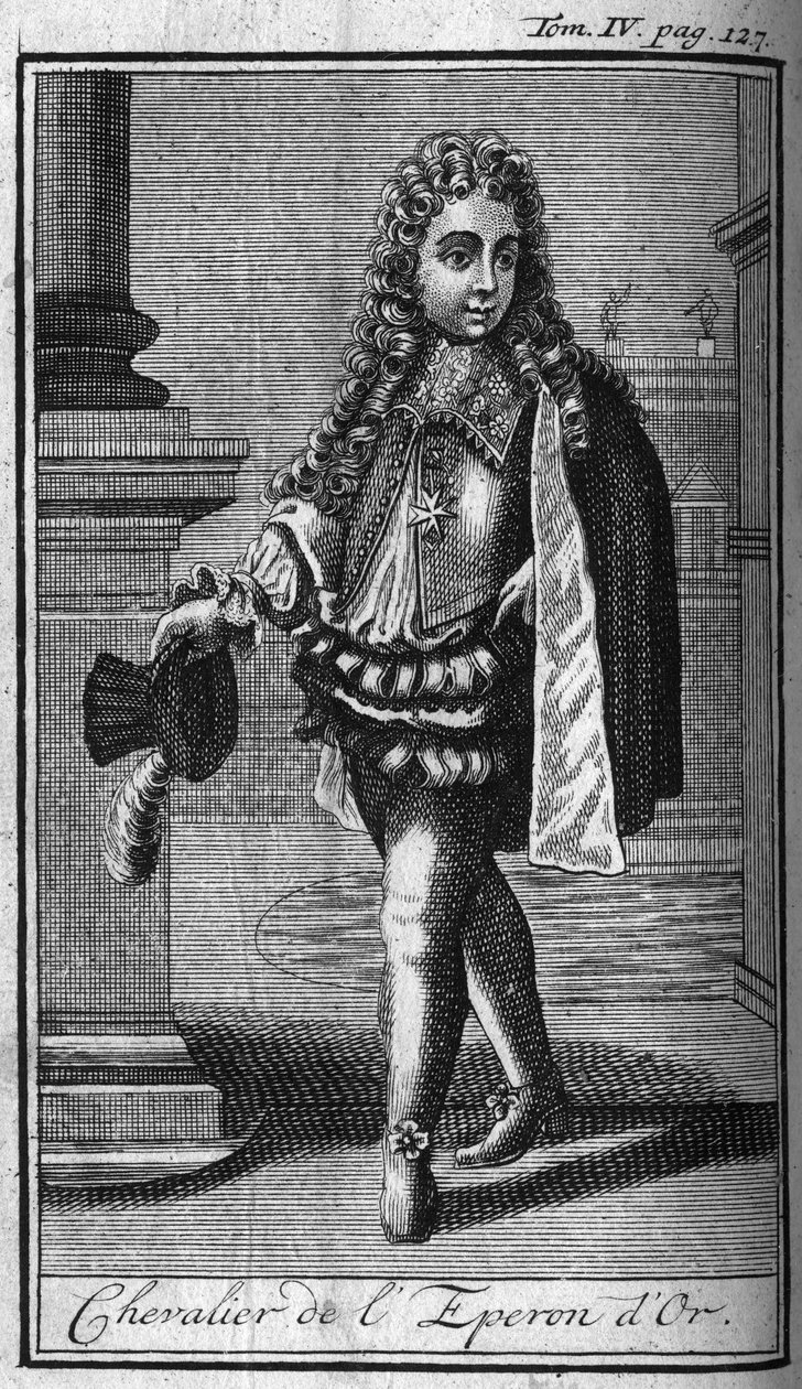 أوامر الفارس. فارس جولدن سبير في روما (روما) في إيطاليا في القرن السادس عشر. في "" تاريخ الأوامر العسكرية أو الفرسان ، للميليشيات الآمنة والروتينية من كلا الجنسين ، والتي تم إنشاؤها حتى الوقت الحاضر. الطبعة مأخوذة من Abbe G بواسطة فنان غير معروف