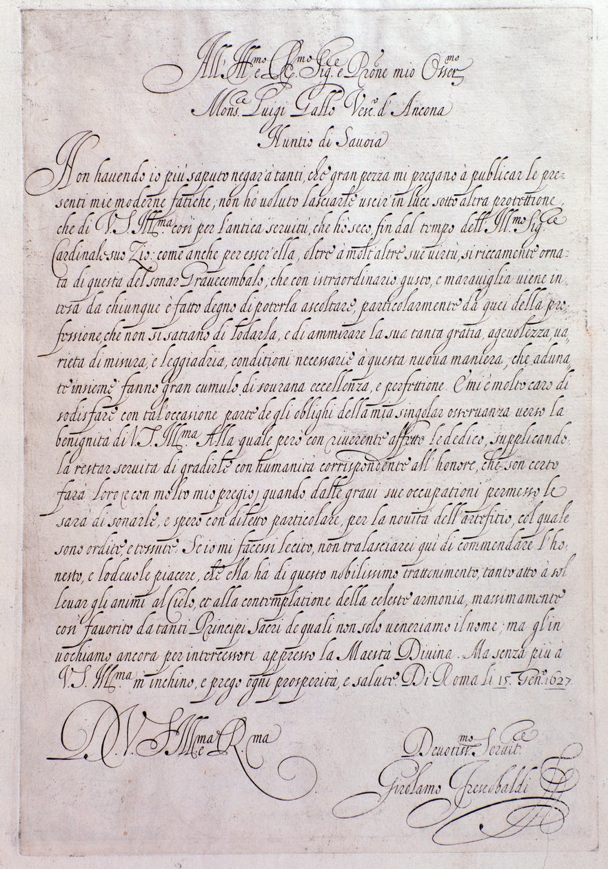 صفحة من Tocrate "" بقلم جيرولامو فريسكوالدي (1583-1643) ملحن إيطالي "" 1637. بولونيا ، متحف سيفيك بواسطة فنان غير معروف