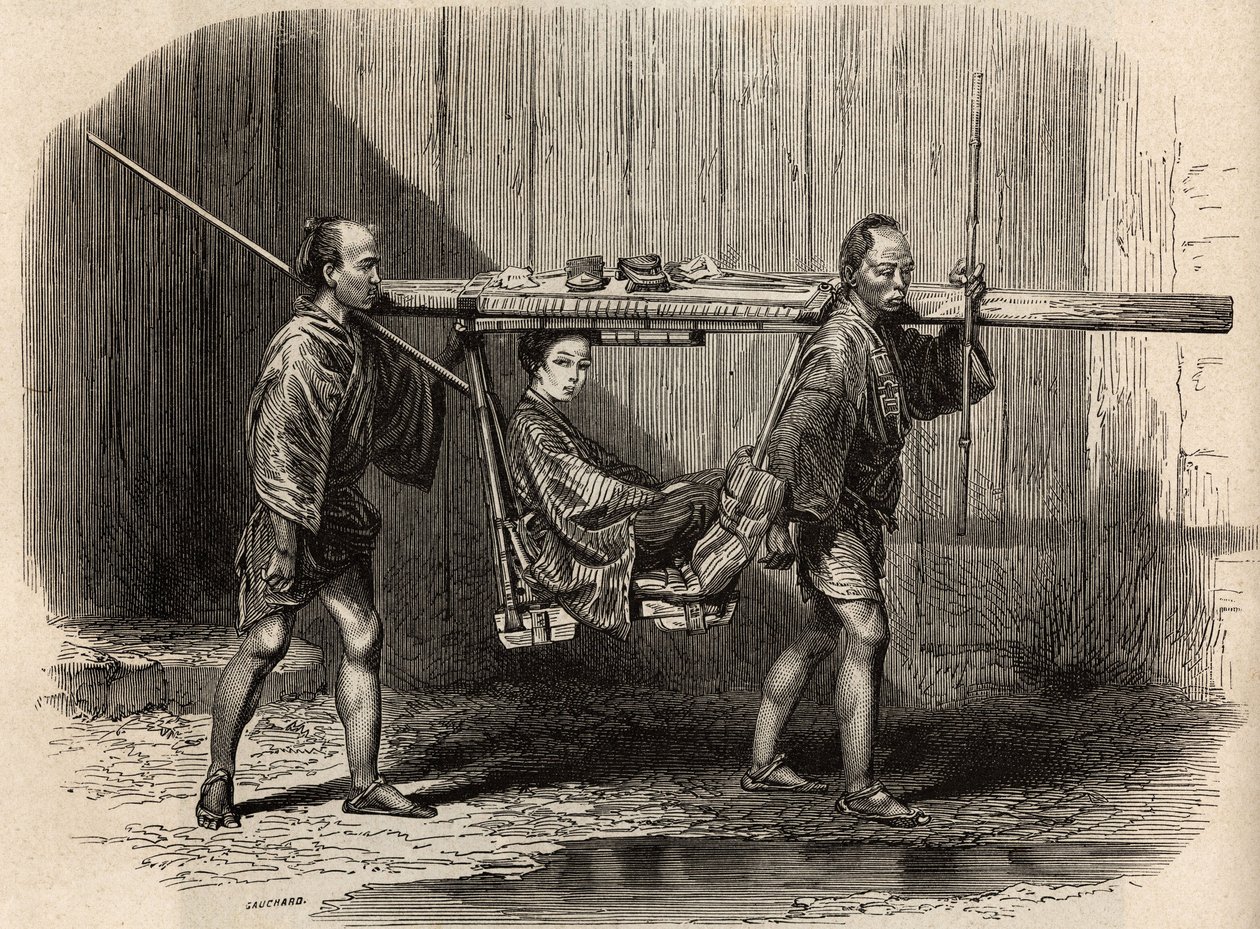 يستخدم Palanquin الأشخاص ، وفتح ، يضع المستخدم متعلقاته على السطح قبل أن يستقر في القيام برحلته. نقش لتوضيح الرحلة إلى اليابان في ١٨٦٣-١٨٦٤ ، بقلم آيم هامبرت ، وزير الاتحاد السويسري ، في "Le Tour du monde بواسطة فنان غير معروف