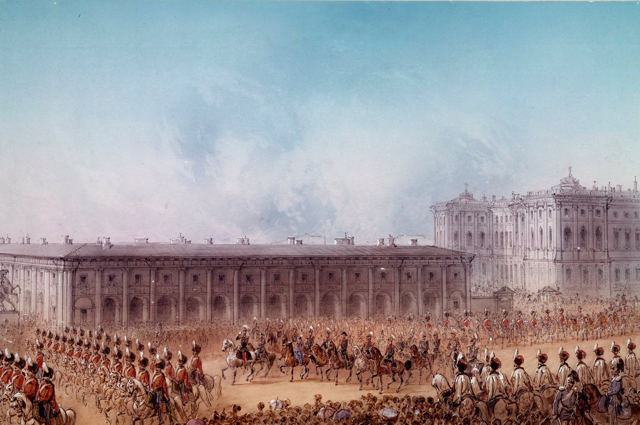 موكب مع الإسكندر الثاني أمام قصر أنتشكوف في سانت بطرسبرغ عام 1856. رسم توضيحي لشارلمان (القرن التاسع عشر) في سانت بطرسبرغ. شاتو دي بيترهوف بواسطة فنان غير معروف