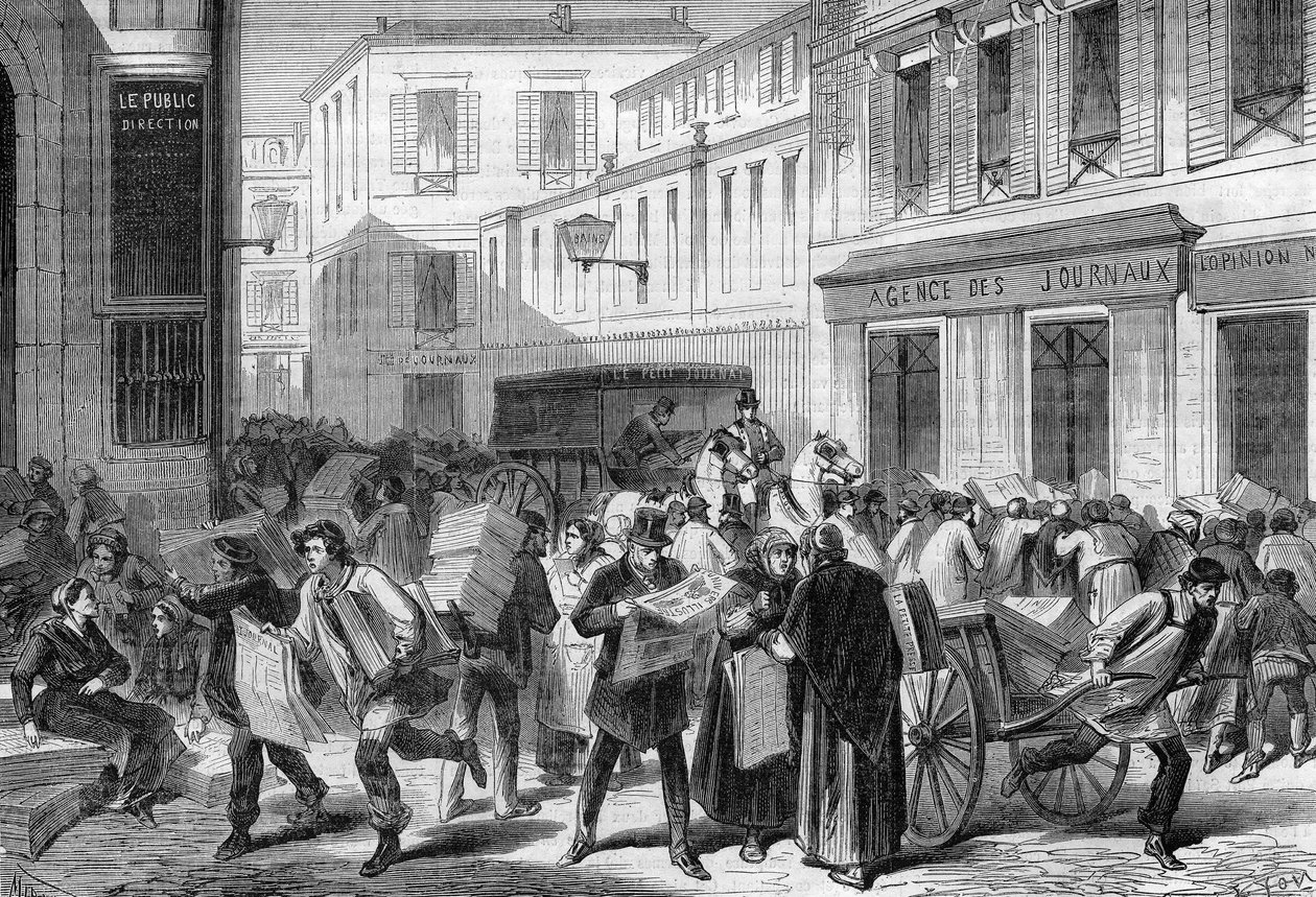 باريس 1869: قاعة الجرائد ، شارع دو كرواسون. بواسطة فنان غير معروف