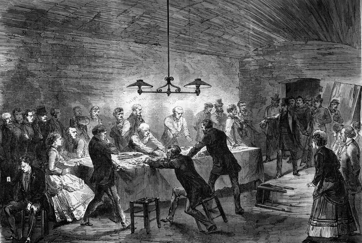 باريس 1870: يعمل Arrest في بيت قمار تحت الأرض في شارع Rue de la Harpe. بواسطة فنان غير معروف