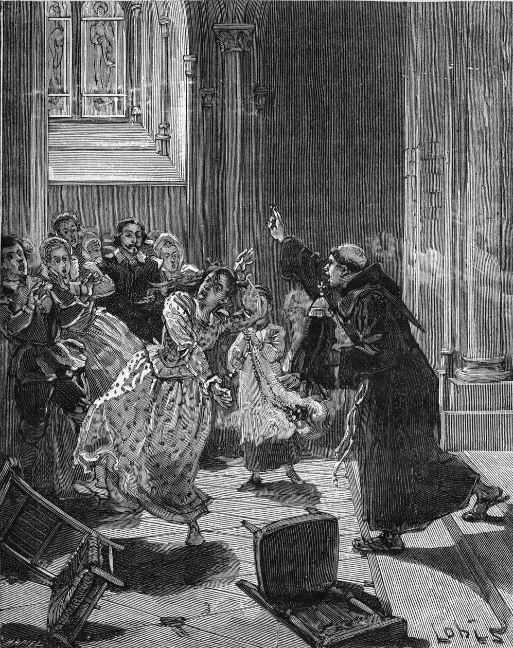 باريس ، كنيسة Sainte Genevieve (Sainte-Genevieve) (1599): راهب Capuchin يحاول طرد امرأة ، مارثا ، مدعيا أن الشيطان يمتلكها. نقش القرن التاسع عشر. في "هيستوار دو فرانس" لجول ميشليه بواسطة فنان غير معروف