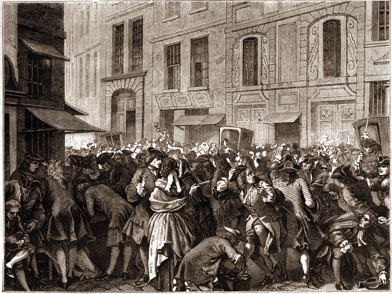 دائرة باريس الرابعة - La rue Quincampoix en 1720 a l'epoque du système de John Law (1671 - 1729) - "" L'agiotage a la rue Quincampoix "(سبب الإفلاس بموجب القانون) - منظر شارع Quincampoix مع المضاربين في زمن نظام جون لو ، بواسطة فنان غير معروف