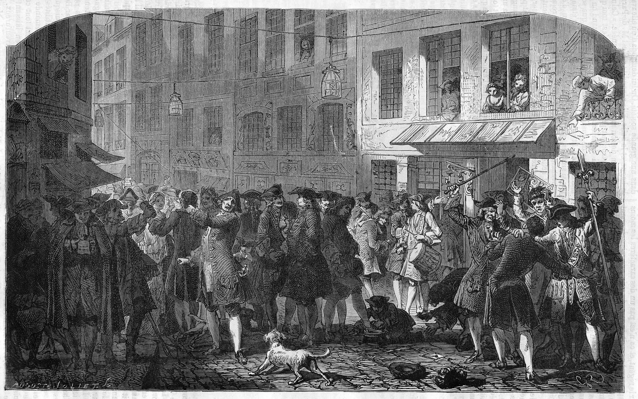 دائرة باريس الرابعة - La rue Quincampoix en 1720 a l'epoque du système de John Law (1671 - 1729) - "" L'agiotage a la rue Quincampoix "(سبب الإفلاس بموجب القانون) - منظر شارع Quincampoix مع المضاربين في زمن نظام جون لو ، بواسطة فنان غير معروف