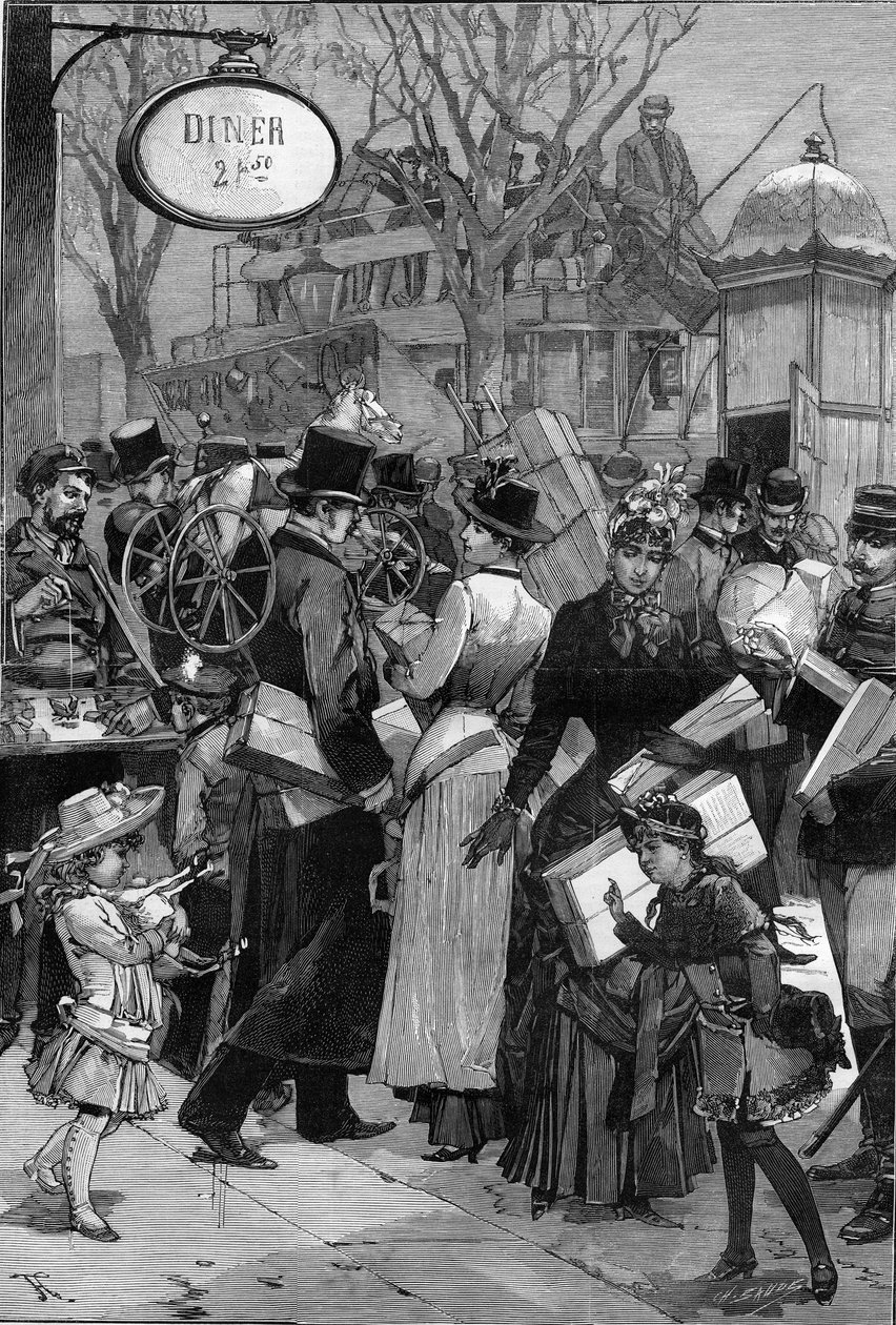 باريس: أسبوع الحزم: الباريسيون يتسوقون ويشترون ألعابًا لهدايا عيد الميلاد. نقش في "" Le Monde Illustré "" بواسطة فنان غير معروف