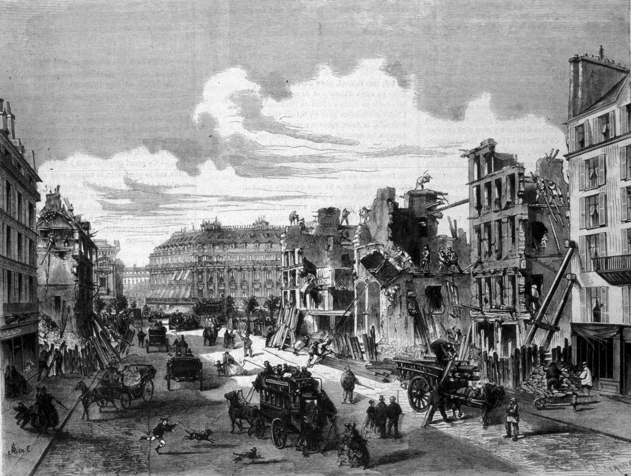 Paris، demolition rue de la Paix لافتتاح شارع de Reaumur. 1868. نقش من القرن التاسع عشر. بواسطة فنان غير معروف