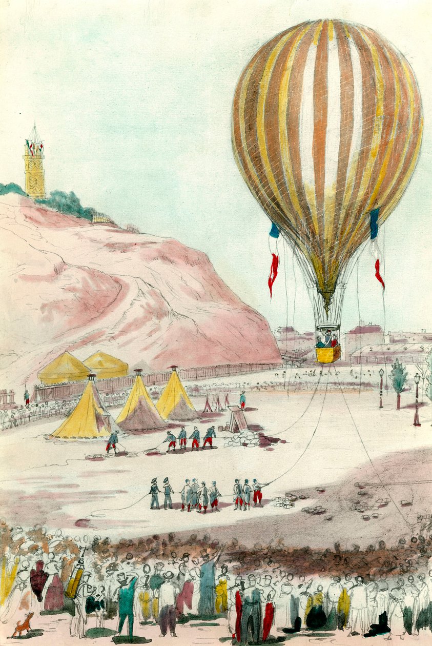 مقر باريس من عام 1870: منظر لأحد البالونات المستخدمة للتواصل مع الخارج في باريس. لوحة مائية من مجموعة خاصة من القرن التاسع عشر بواسطة فنان غير معروف