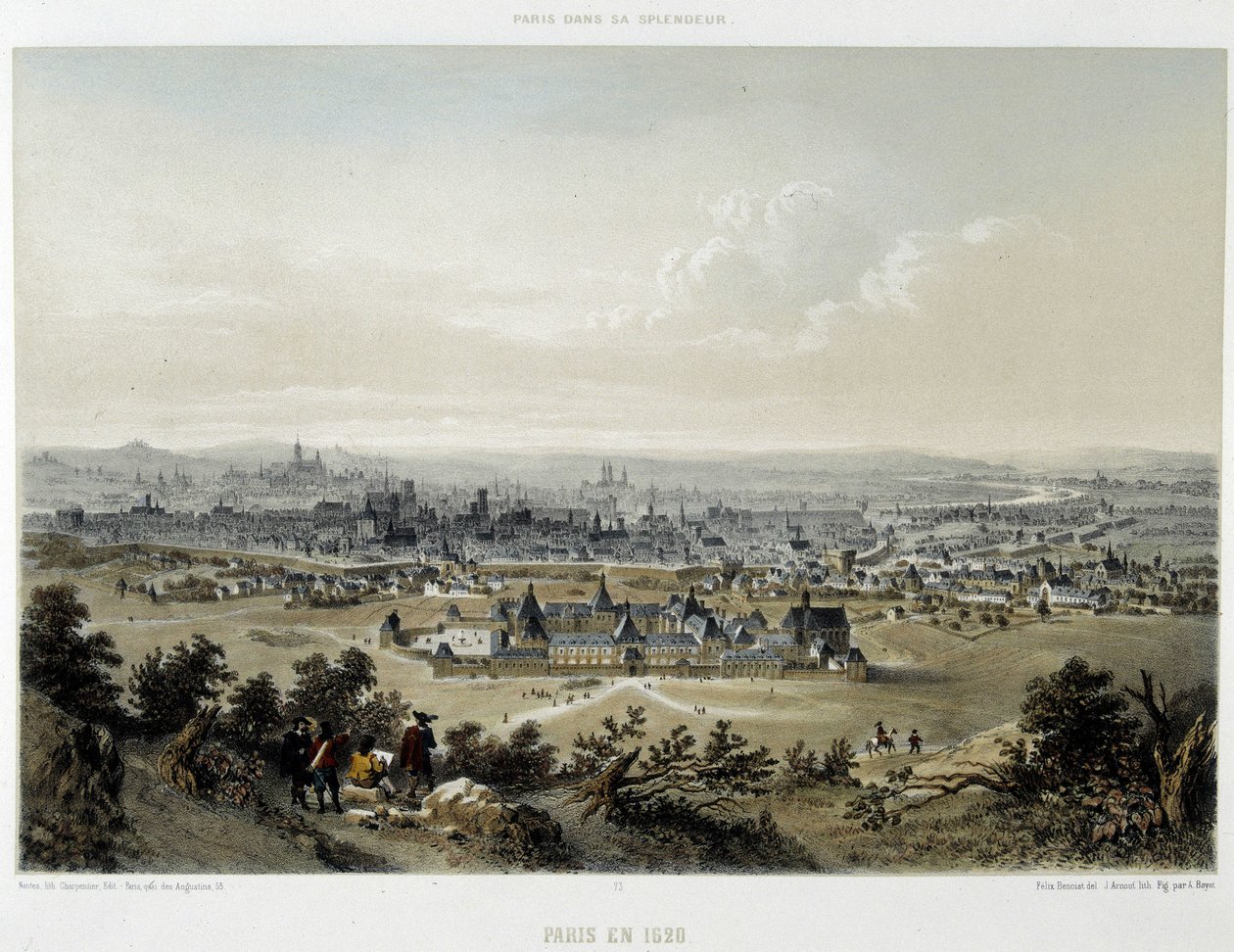 باريس عام 1620 ، منظر عام مأخوذ من كتاب بوت تشومون - الطباعة الحجرية بواسطة فنان غير معروف