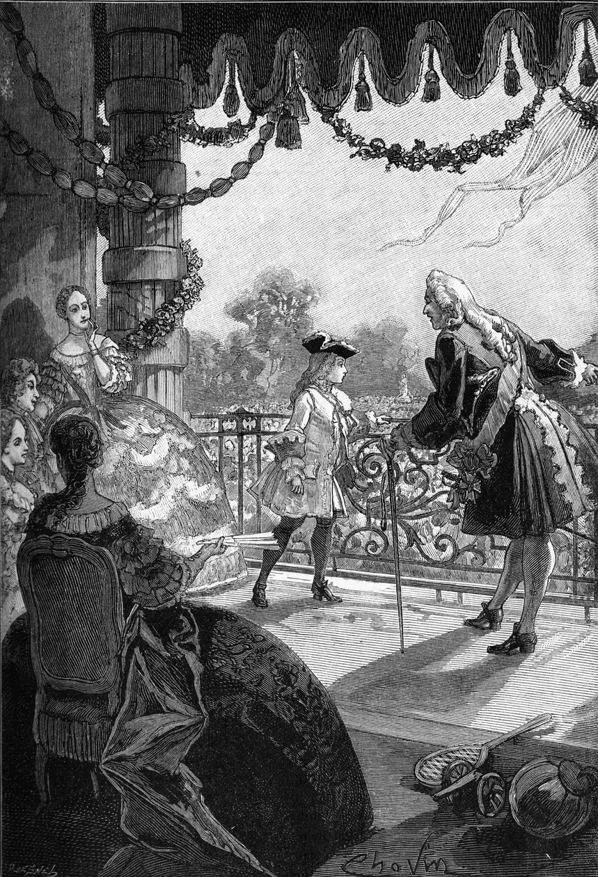 باريس ، التويلري (1721): ملك فرنسا لويس الخامس عشر (1710 - 1774) يظهر نفسه على شرفة التويلري. نقش القرن التاسع عشر. في "هيستوار دو فرانس" لجول ميشليه بواسطة فنان غير معروف