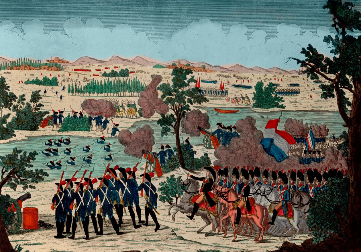 مرور Mincio في 11 Prairial year IV (20 ديسمبر 1800) بواسطة جزر غرينادي الفرنسية. تحت أعين بونابرت الجنرال أون شيف - نقش - 1800 - معركة بوزولو (المعروفة أيضًا باسم معركة نهر مينشيو ومونزامبانو) - ممر أو بواسطة فنان غير معروف