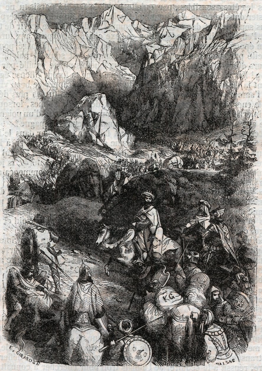 مرور البيرينيه من قبل المغاربة - نقش عام 1851 من "Furious Roland" (أورلاندو فوريوسو) (القرن السادس عشر) لودوفيكو أريوستو ، المعروف باسم Ariosta - طبعة مترجمة من الإيطالية بواسطة Count of Tressan ونشرها Gustave Harvard 1851 بواسطة فنان غير معروف