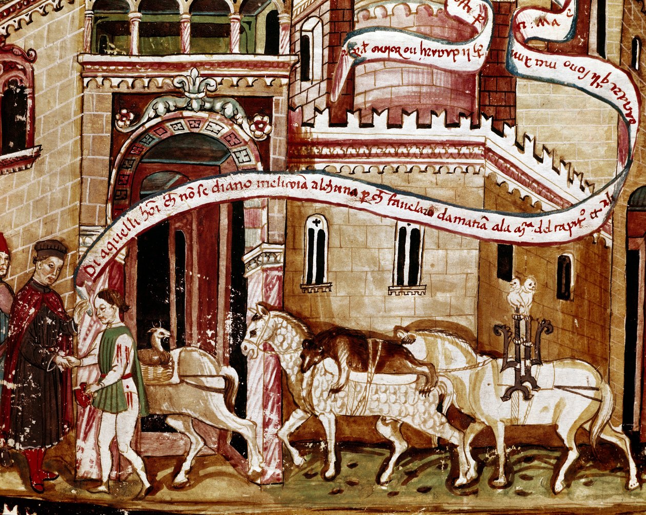 دفع ضريبة الملح عند مدخل بلدة (غابيل) صورة مصغرة من المخطوطة (السيدة H V-5) "Codex de Privileges" بواسطة فنان غير معروف