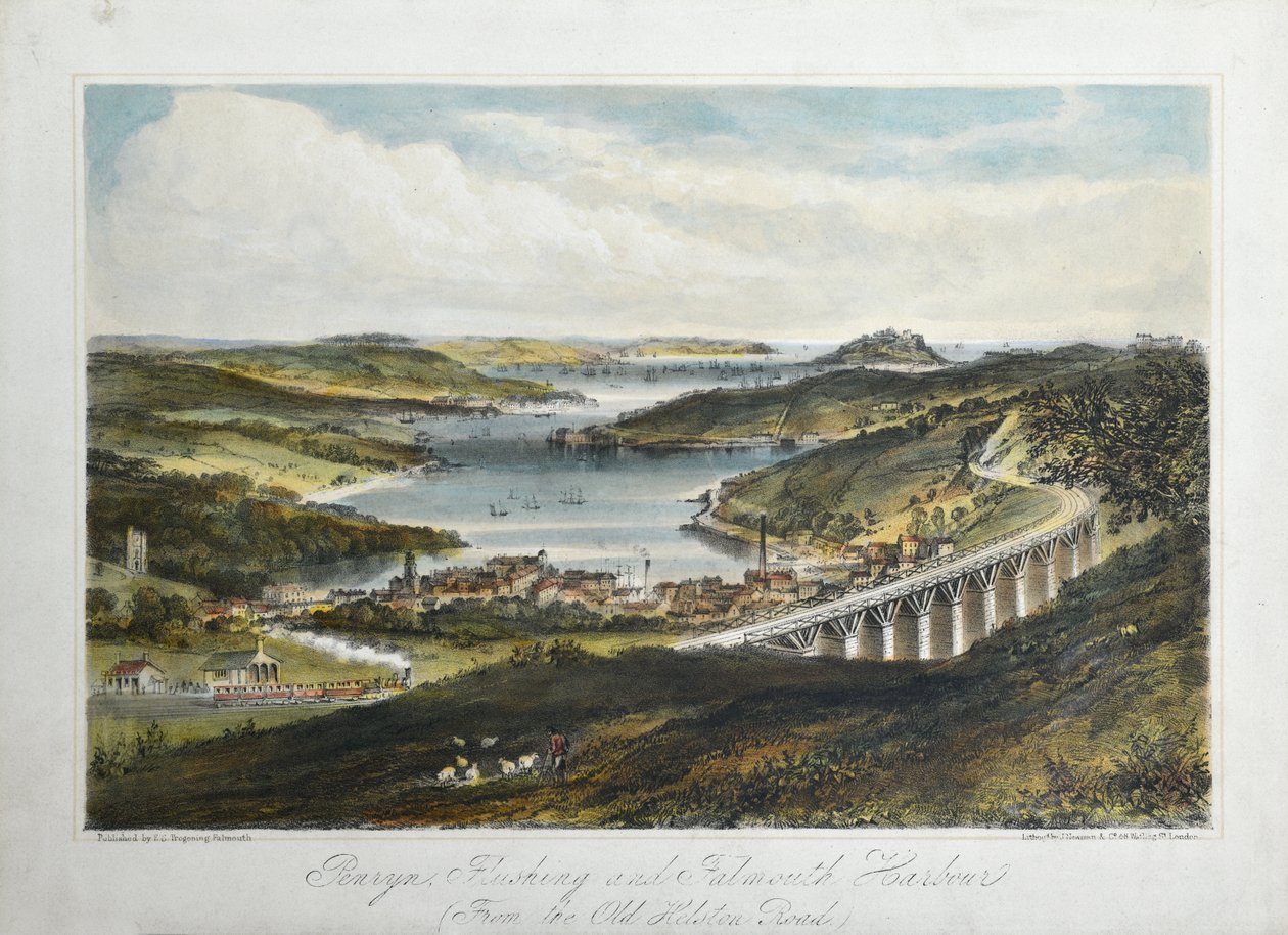 بنرين ، فلاشينغ وفالماوث هاربورز (من طريق هيلتون القديم) ، حوالي 1860-80 (ليثو ملون على ورق) بواسطة فنان غير معروف