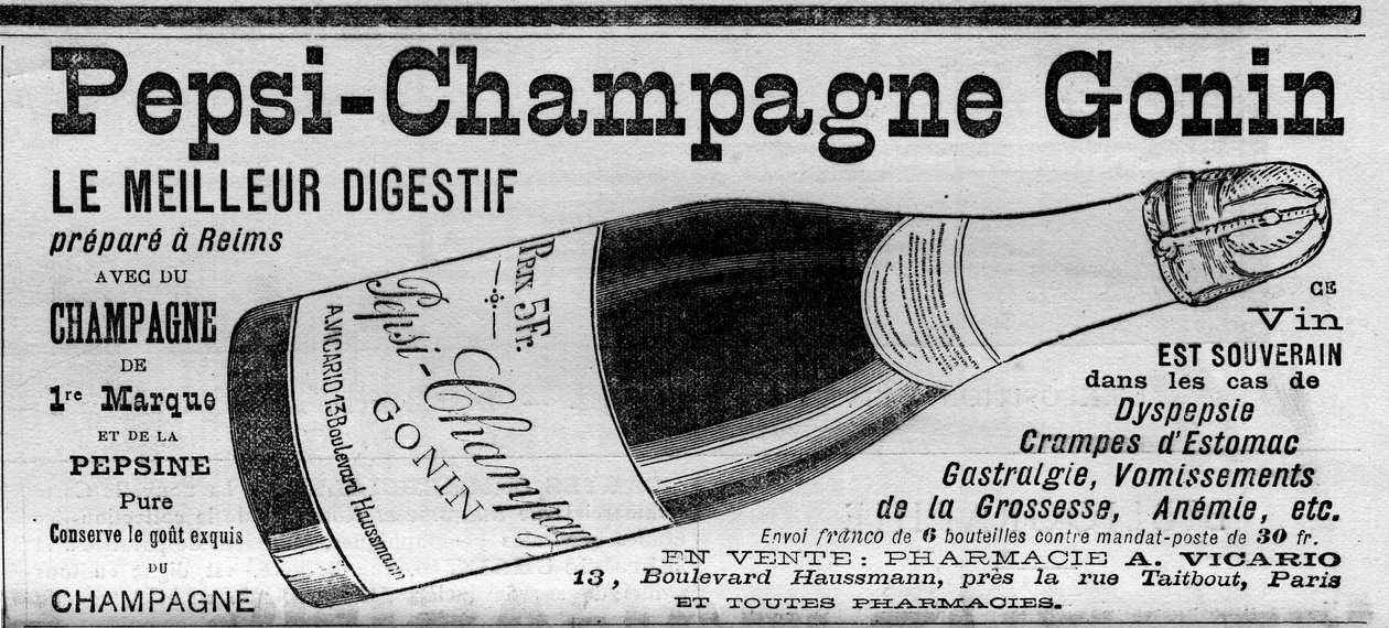 Pepsi Champagne Gonin (Pepsi-Champagne من ماركة Gonin). تحضير Digestif في ريمس مع الشمبانيا والبيبسين. ينصح الكحول في حالة عسر الهضم ، تقلصات المعدة ، آلام المعدة ، قيء الحمل ، فقر الدم ... (للبيع في الصيدليات). النقش في "" بواسطة فنان غير معروف