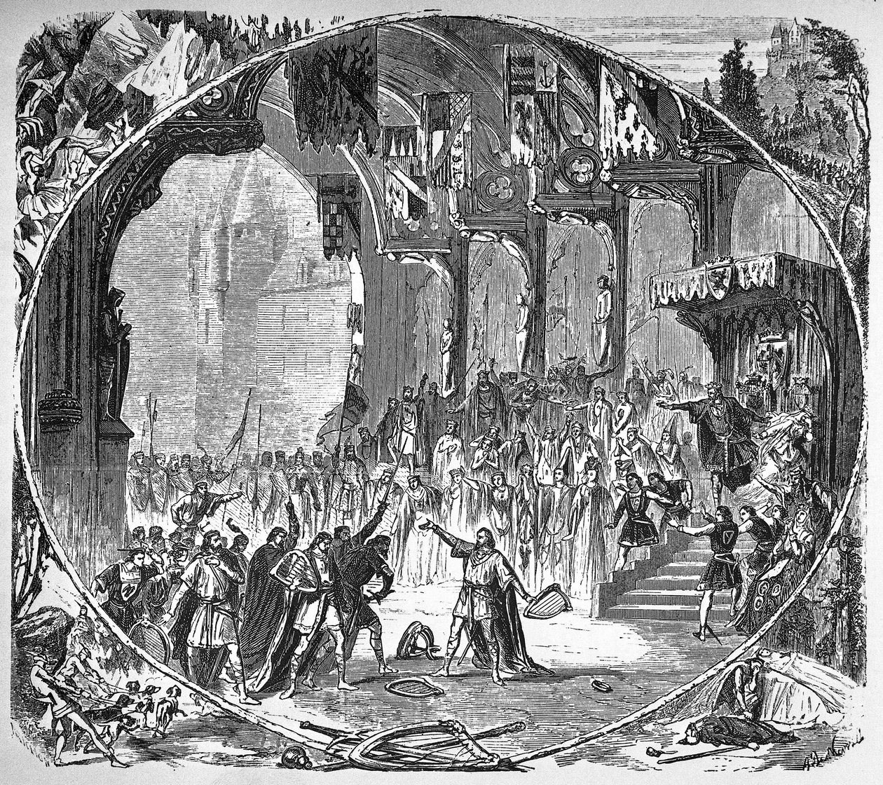 أداء "" تانهاوزر "لريتشارد فاجنر في أوبرا باريس عام 1861. المشهد الأخير من الفصل الثاني. رسم ألفونس لنوفيل. بواسطة فنان غير معروف