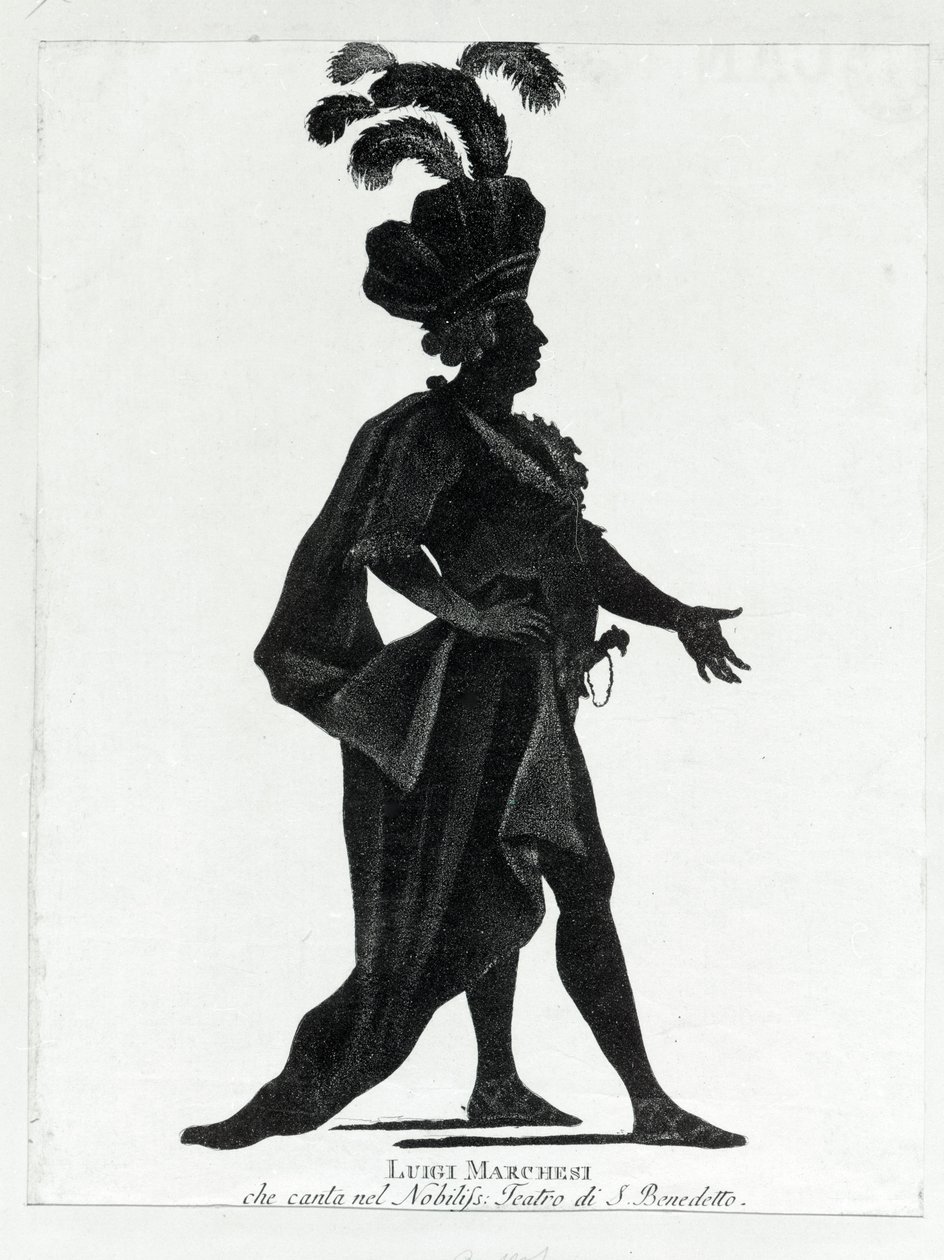 أداء المخصي الإيطالي لويجي مارشيسي (1754 - 1829) المعروف أيضًا باسم مارشيسيني الغناء في مسرح سان بينيديتو. بواسطة فنان غير معروف