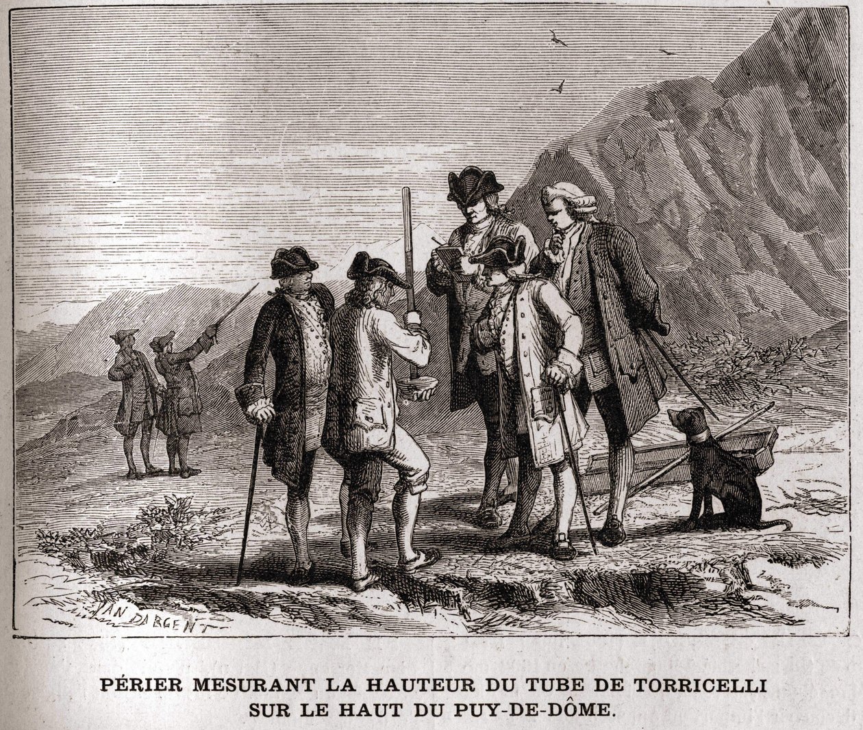 Perier يقيس ارتفاع البارومتر (أنبوب الزئبق) بواسطة Evangelista Torricelli أو Toricelli على قمة Puy-de-Dôme في 20 سبتمبر 1618 ، نقش القرن التاسع عشر ، مجموعة Bianchetti. بواسطة فنان غير معروف