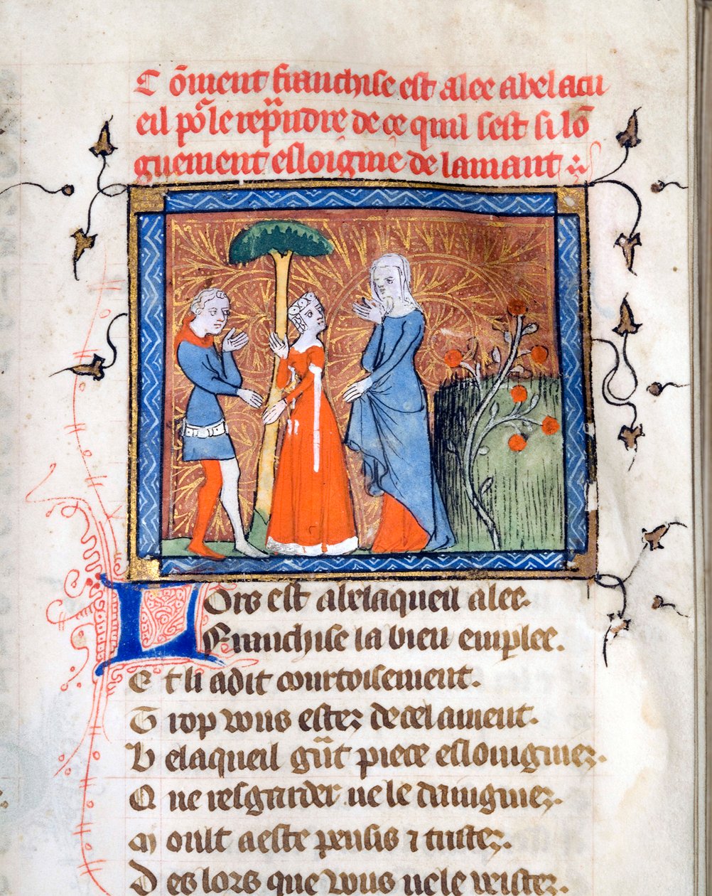 "" الشخصيات في المحادثة "" صفحة مضيئة من المخطوطة "Le Roman de la Rose" بقلم Guillaume de Lorris (حوالي 1200-1238) و Jean de Meun (Meung) (1240-1305) في حوالي 1365 ولاية مكتبات جامعة شيكاغو متحد بواسطة فنان غير معروف