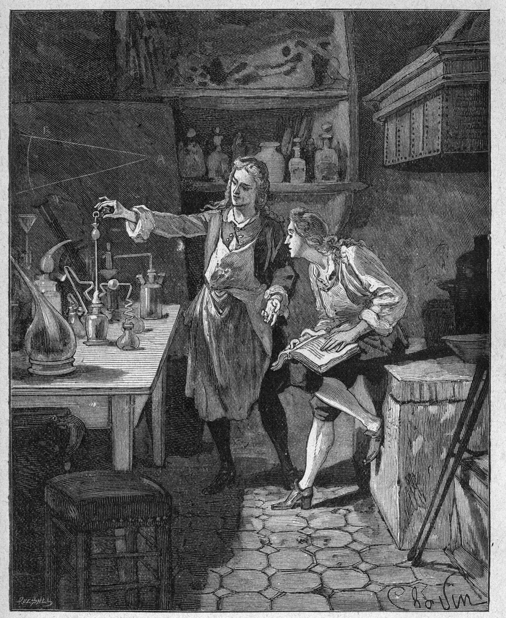 فيليب الثاني دوق أورليانز (1674-1723) يجري الكيمياء مع هامبرت. نقش القرن التاسع عشر. في "هيستوار دو فرانس" لجول ميشليه بواسطة فنان غير معروف