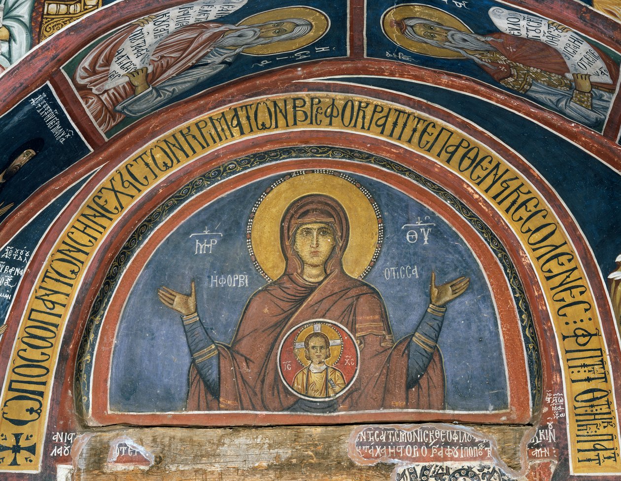 Phorbiotissa Panagia ، سيدة المسيح في ميدالية ، لوحة جدارية (1332-1333) ، الكنيسة البيزنطية لسيدة أسينو (القرن الثاني عشر) (قائمة اليونسكو للتراث العالمي ، 2001) ، جبال ترودوس ، قبرص بواسطة فنان غير معروف