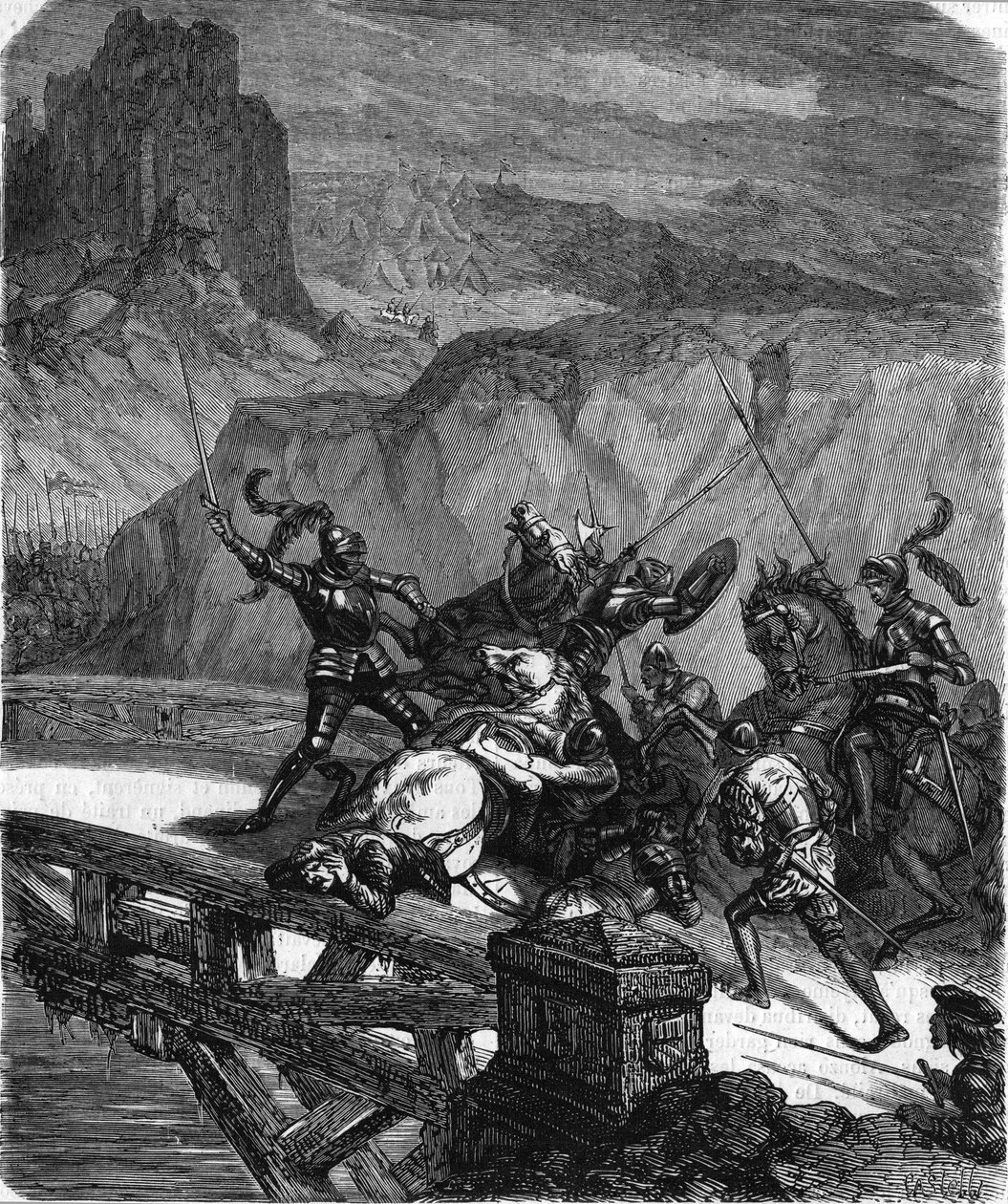 بيير تيرايل ، رب بايارد ، دافع عن جسر جاريليانو (إيطاليا) عام 1503. نقش من القرن التاسع عشر. بواسطة فنان غير معروف