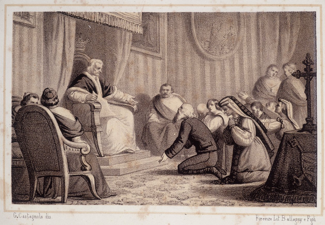 ألغى بيوس السابع (1742 - 1823) المرسوم الذي يأمر بإبادة سونينو - في "" Storia d'Italia " بواسطة فنان غير معروف