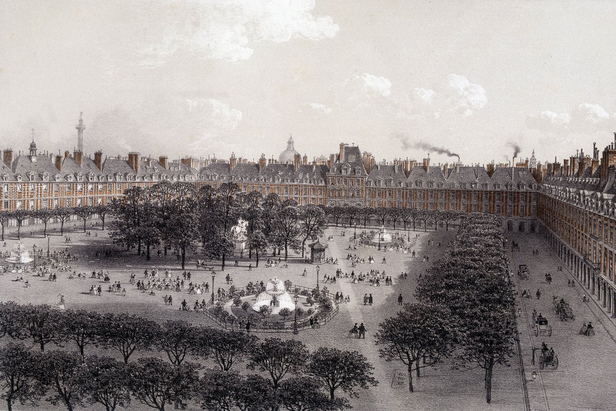 Place Royale (الآن Place des Vosges) في باريس في نهاية القرن التاسع عشر. بواسطة فنان غير معروف