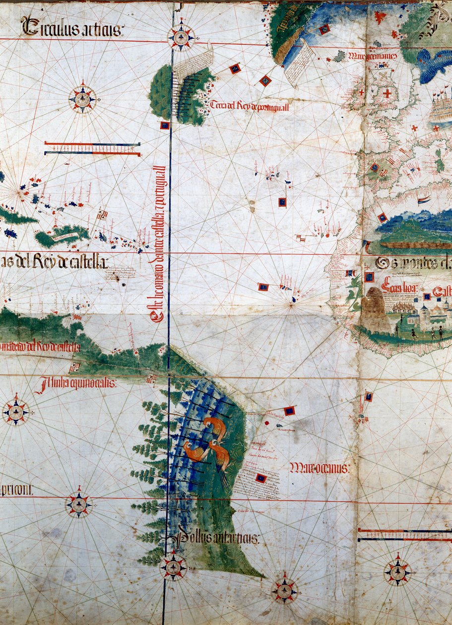Planisphere of Cantino: خريطة ألبرتو كانتينو من عام 1502 تمثل خط الحدود الذي فرضته معاهدة تورديسيلاس (1494) بين أمريكا البرتغالية والإسبانية. مكتبة إستينس. مودينا بواسطة فنان غير معروف