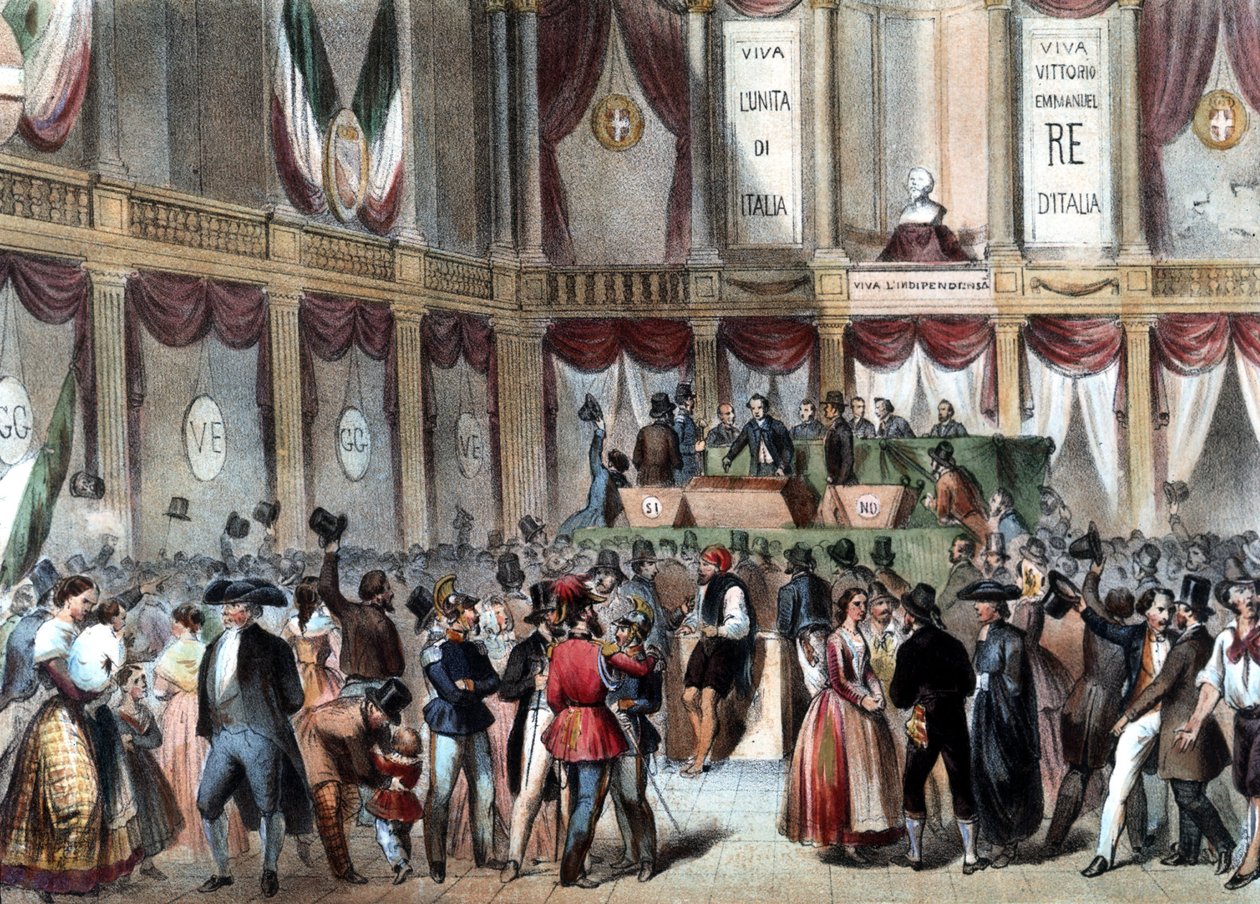 استفتاء حول ضم مملكة نابولي إلى إيطاليا عام 1860. في الخلفية: Viva Vittorio Emmanele (Victor Emmanuel) Re D